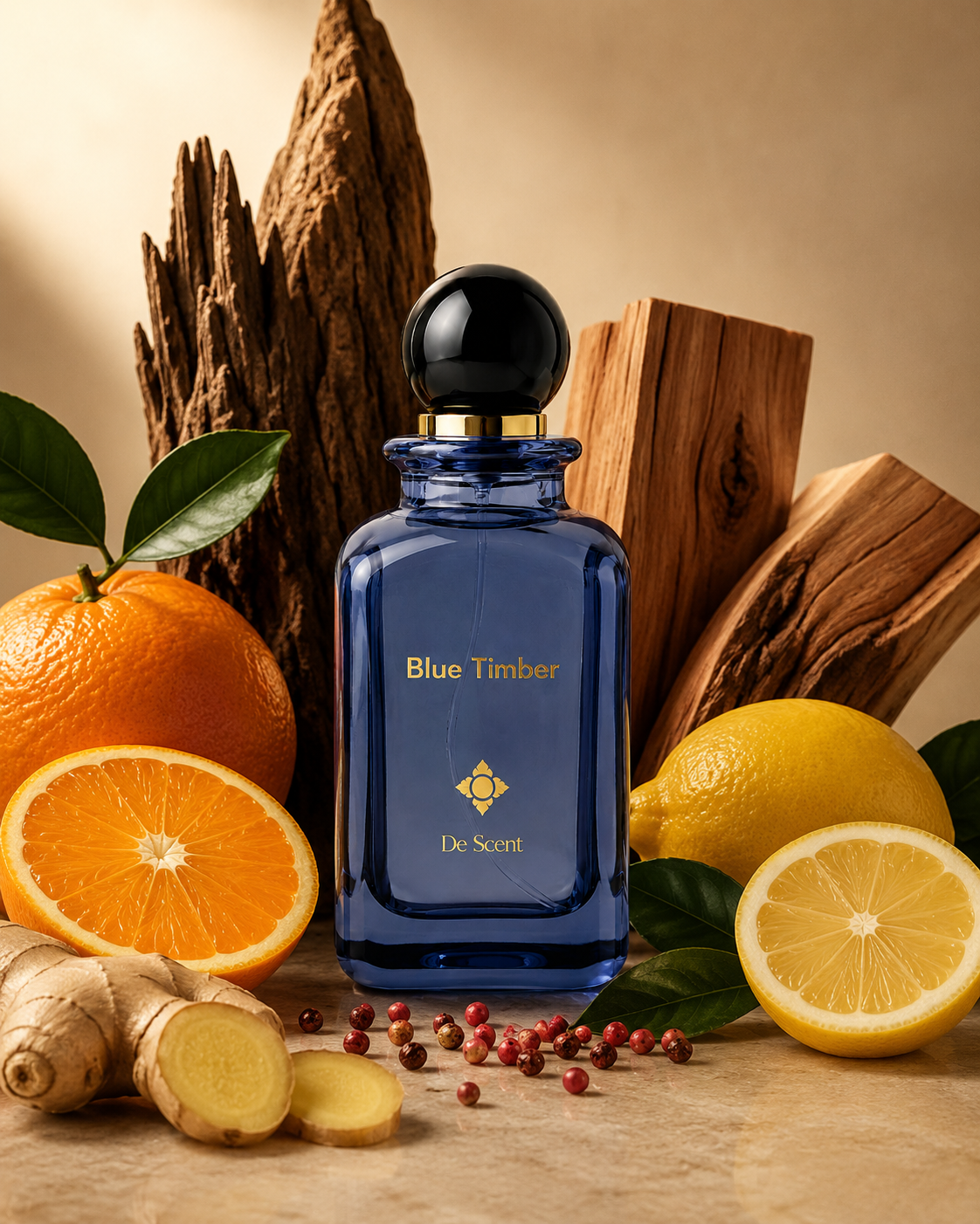 Blue Timber fragrance ingredients with citrus, wood, and ginger