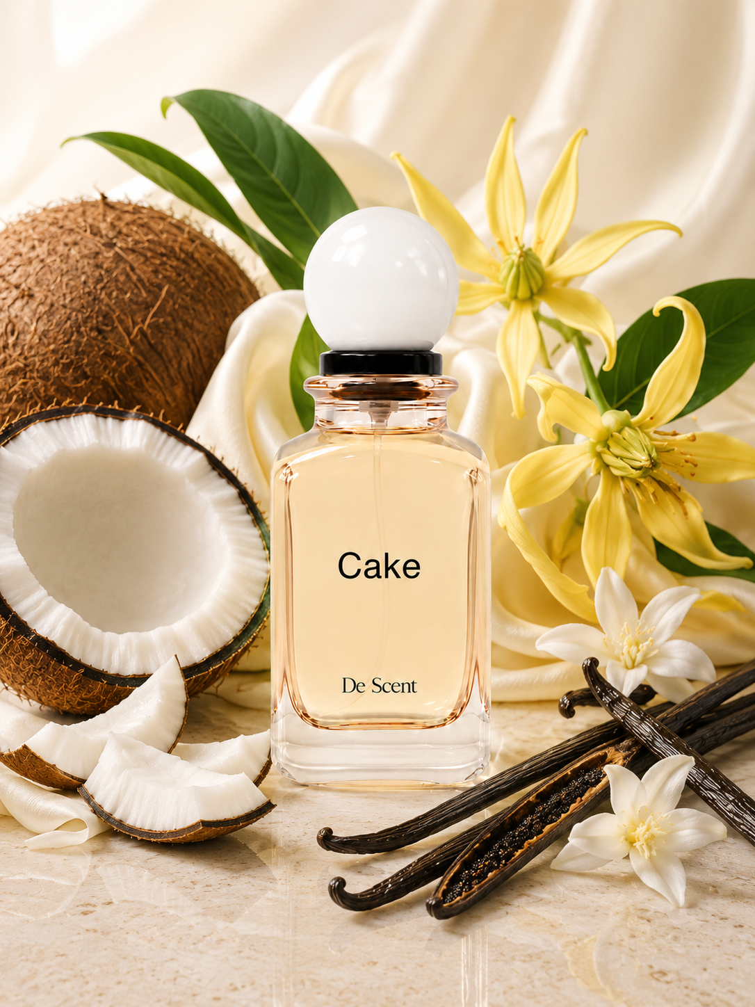 Cake fragrance ingredients with coconut, vanilla, and soft white flowers