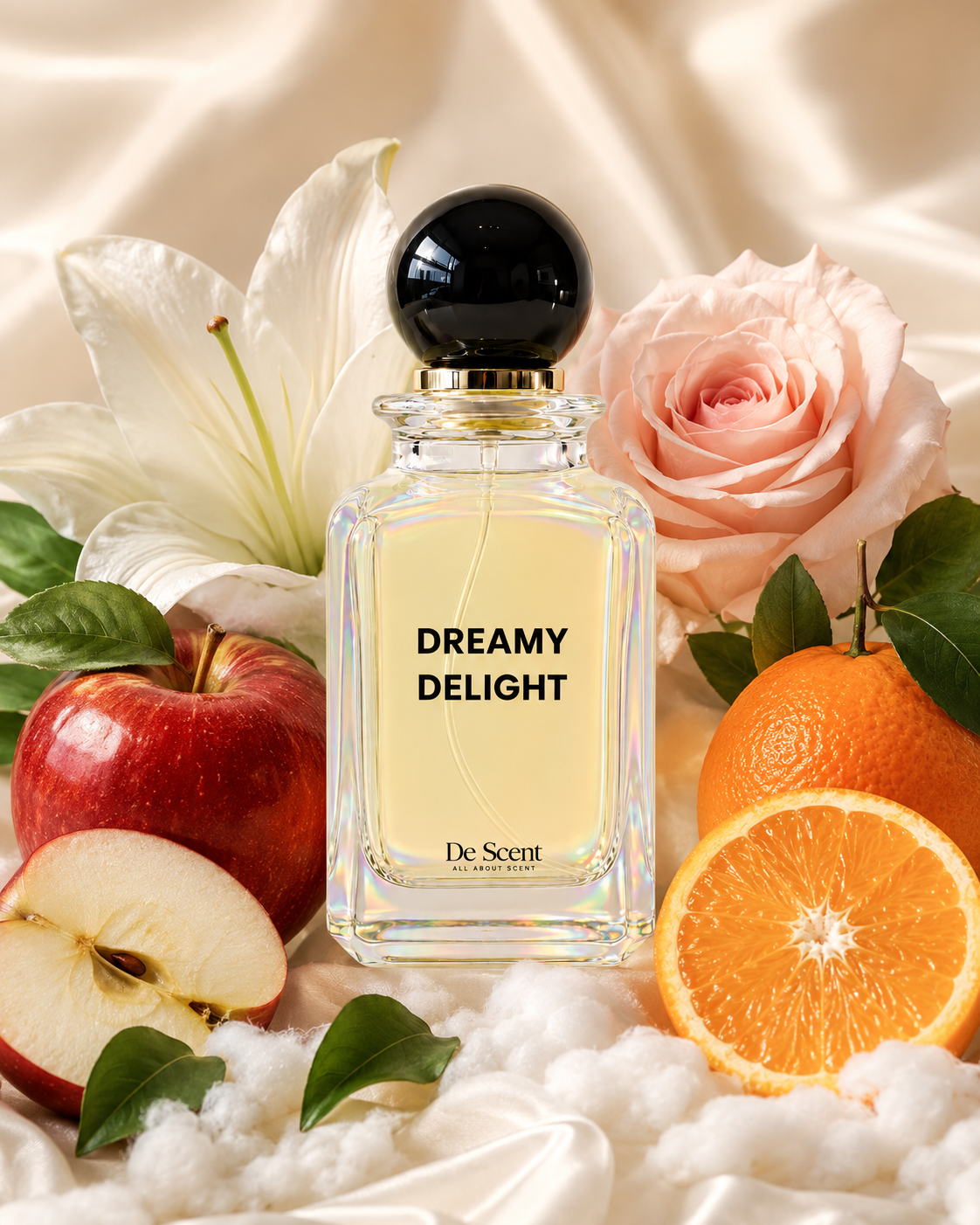 Dreamy Delight fragrance ingredients with rose, lily, apple, and citrus