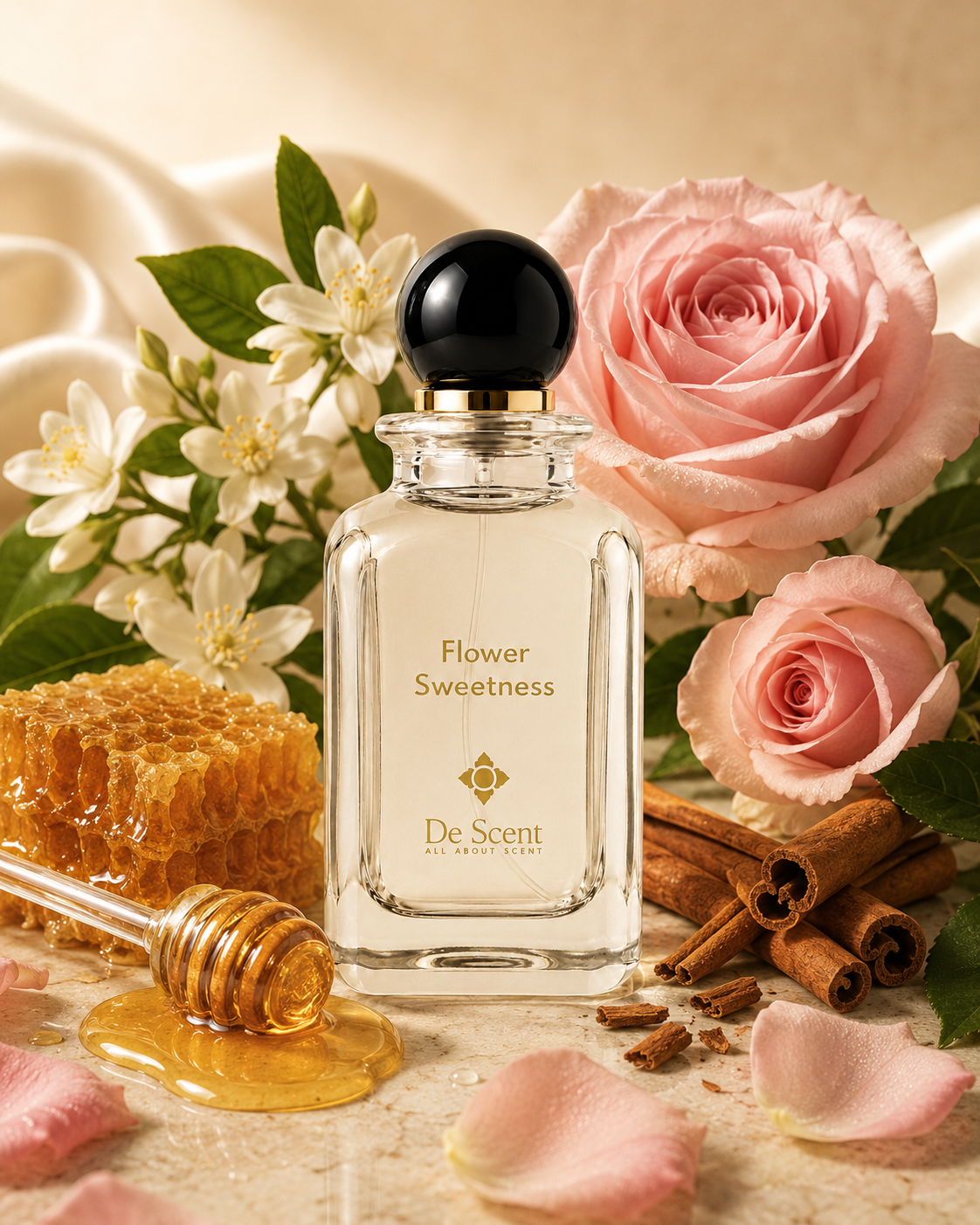 Flower Sweetness fragrance ingredients with rose, jasmine, honey, and cinnamon