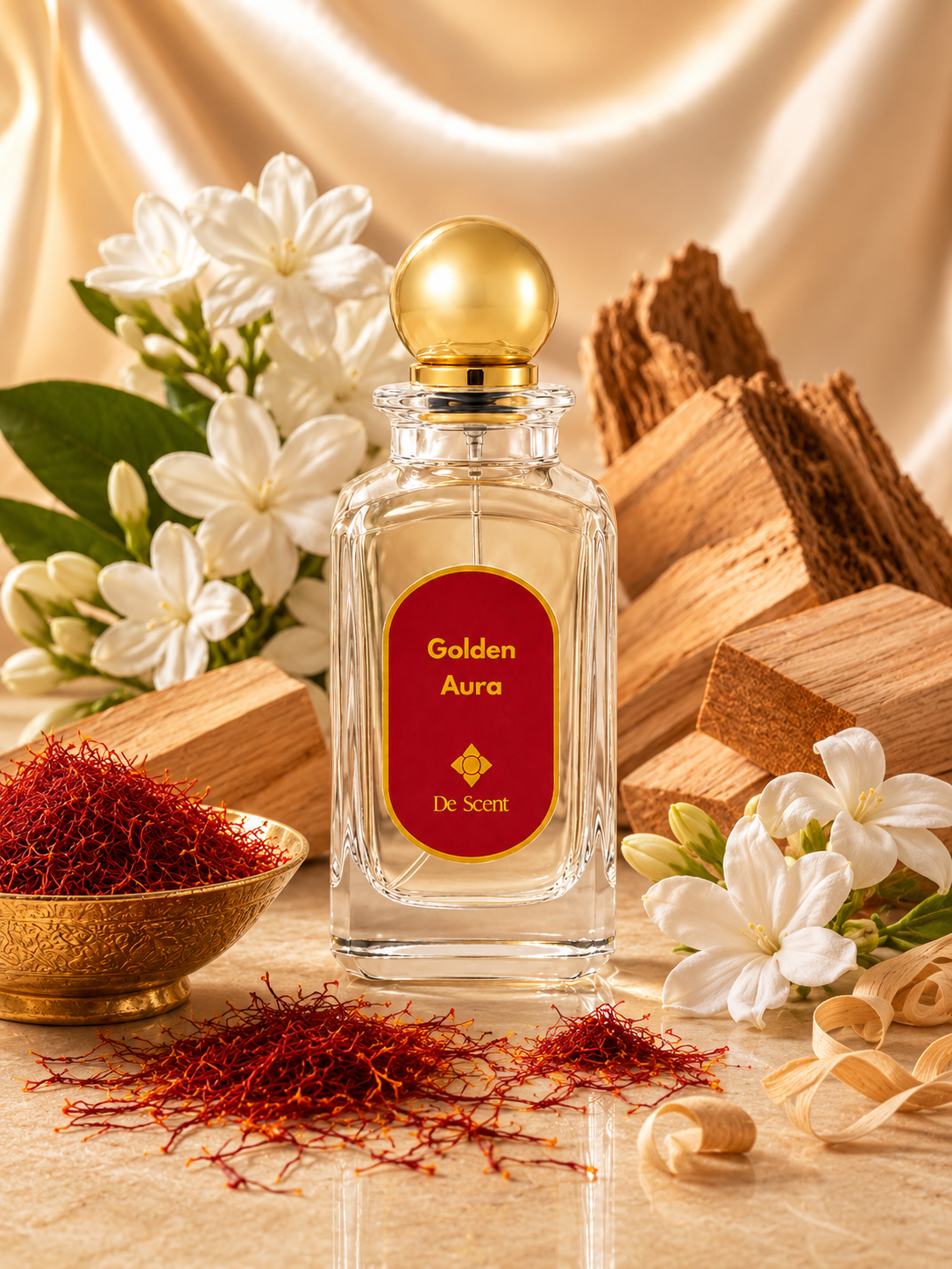 Golden Aura fragrance ingredients with jasmine, woods, saffron, and golden warmth