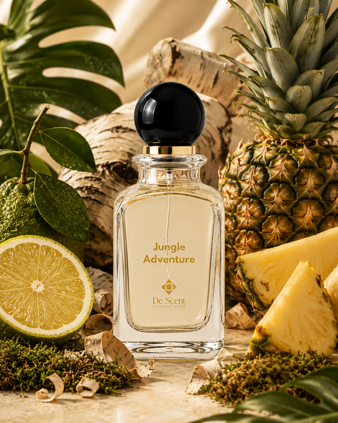 Jungle Adventure fragrance ingredients with pineapple, lime, birch, moss, and green leaves