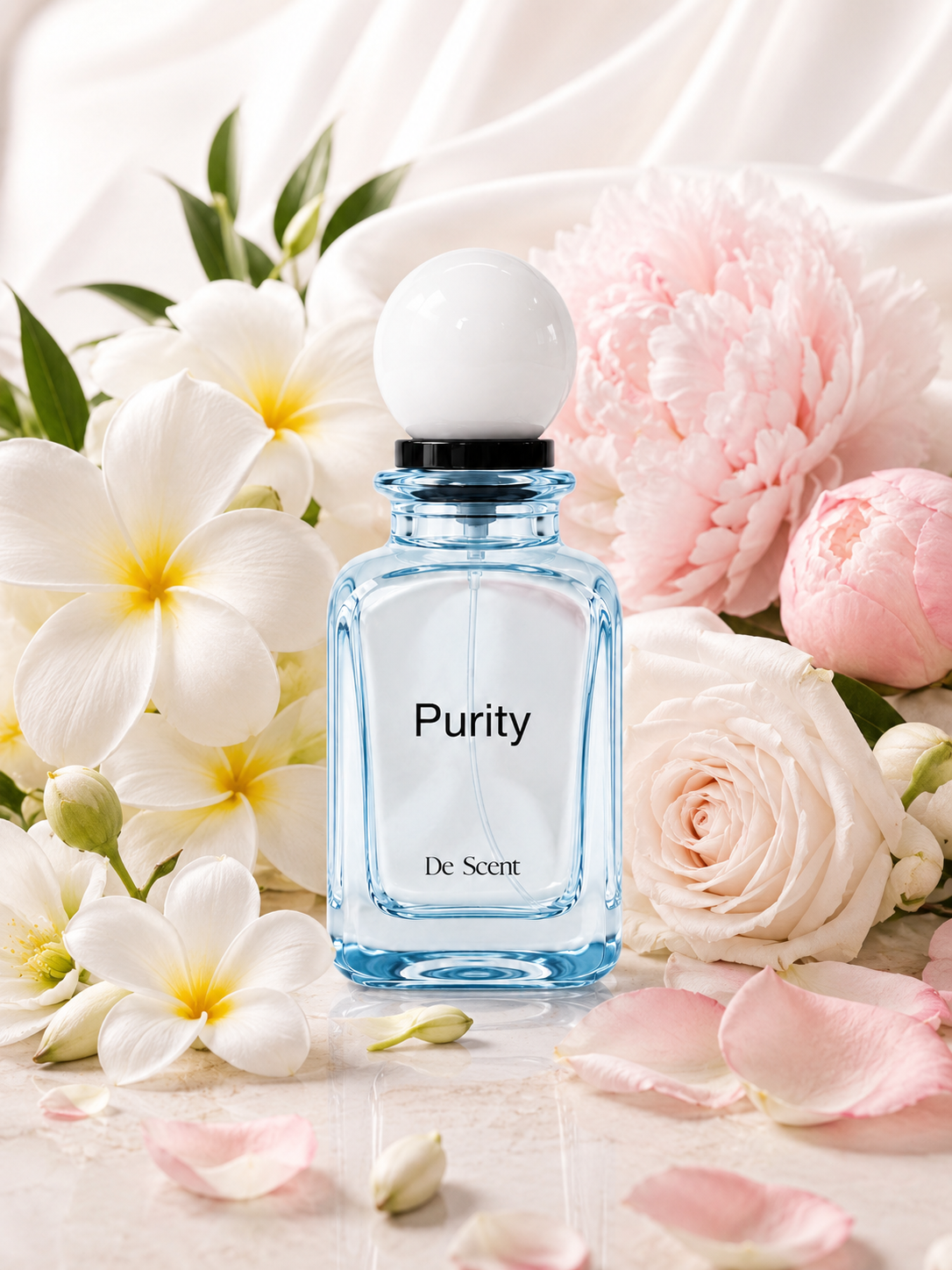 Purity fragrance ingredients with soft white flowers and pale pink petals