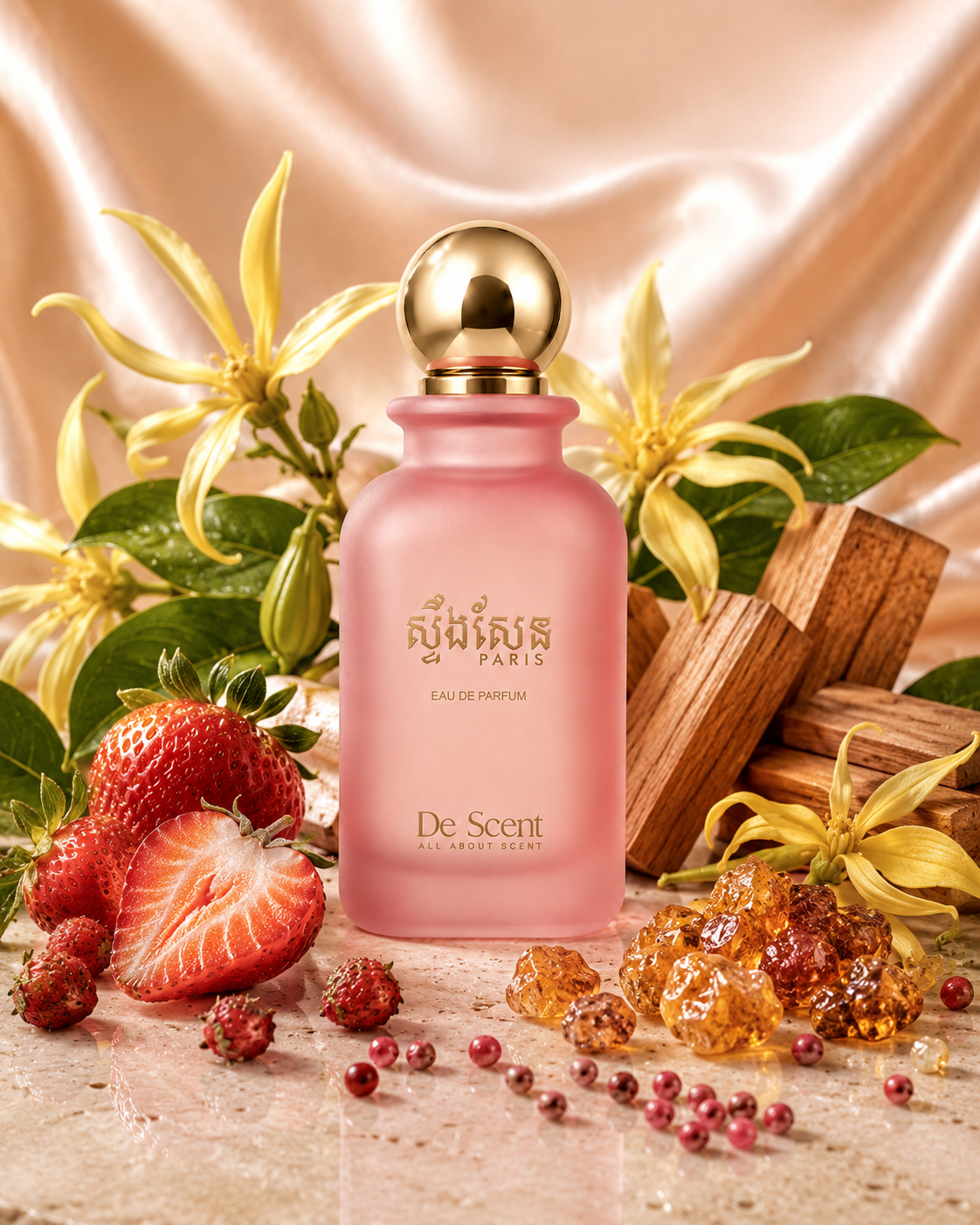 Stueng Saen Paris fragrance ingredients with flowers, strawberries, woods, and amber