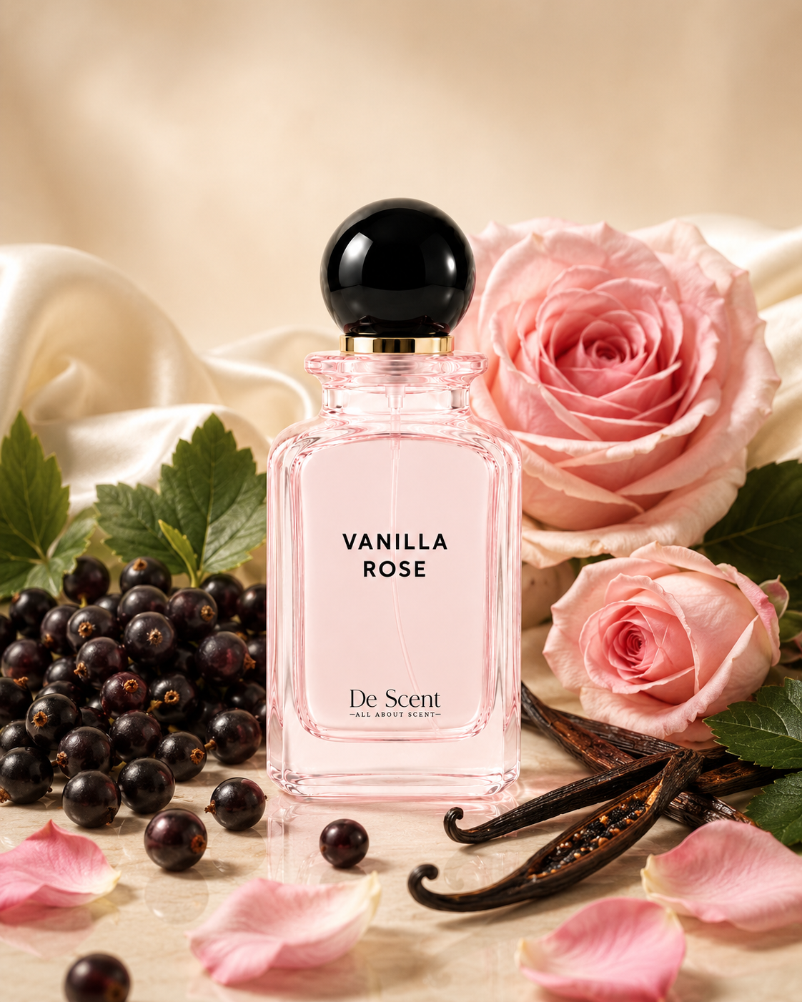 Vanilla Rose fragrance ingredients with rose, vanilla, and berries
